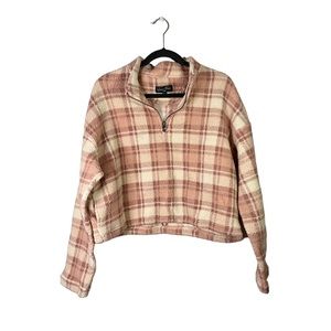Love Tree Casual Plaid Fleece Cropped 1/4 Zip Up Pullover Sweatshirt Size Large